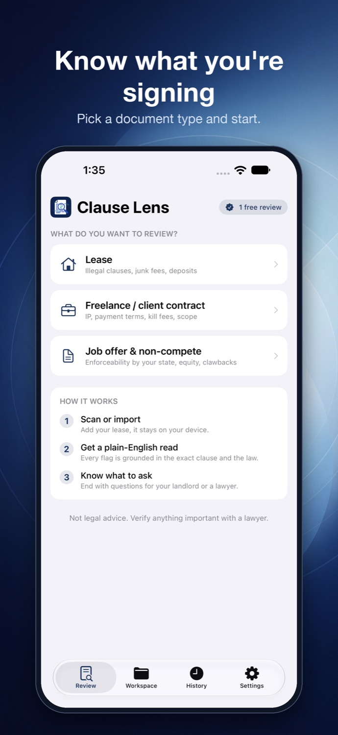 Clause Lens home screen with document types
